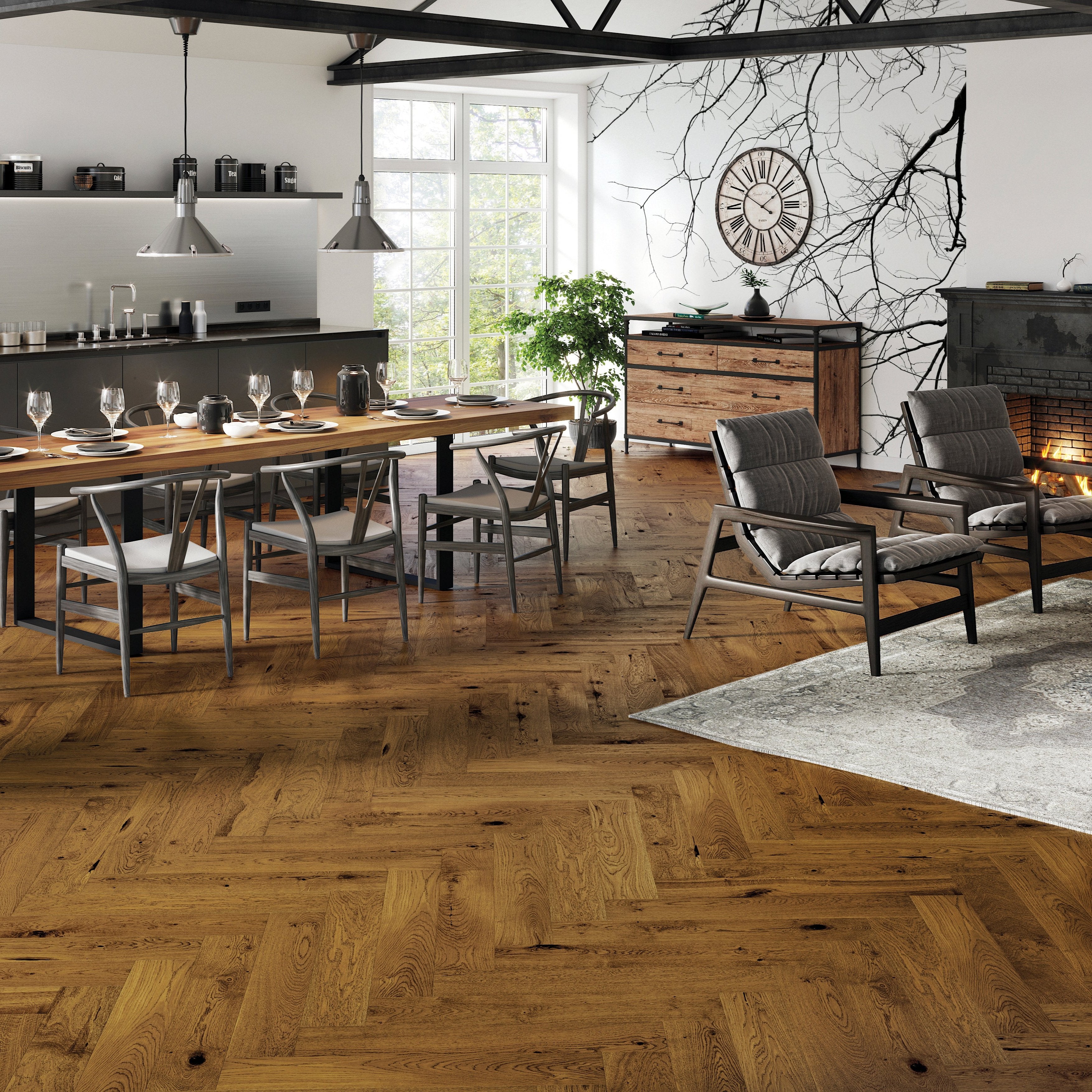 Brown wood flooring laid in herringbone pattern