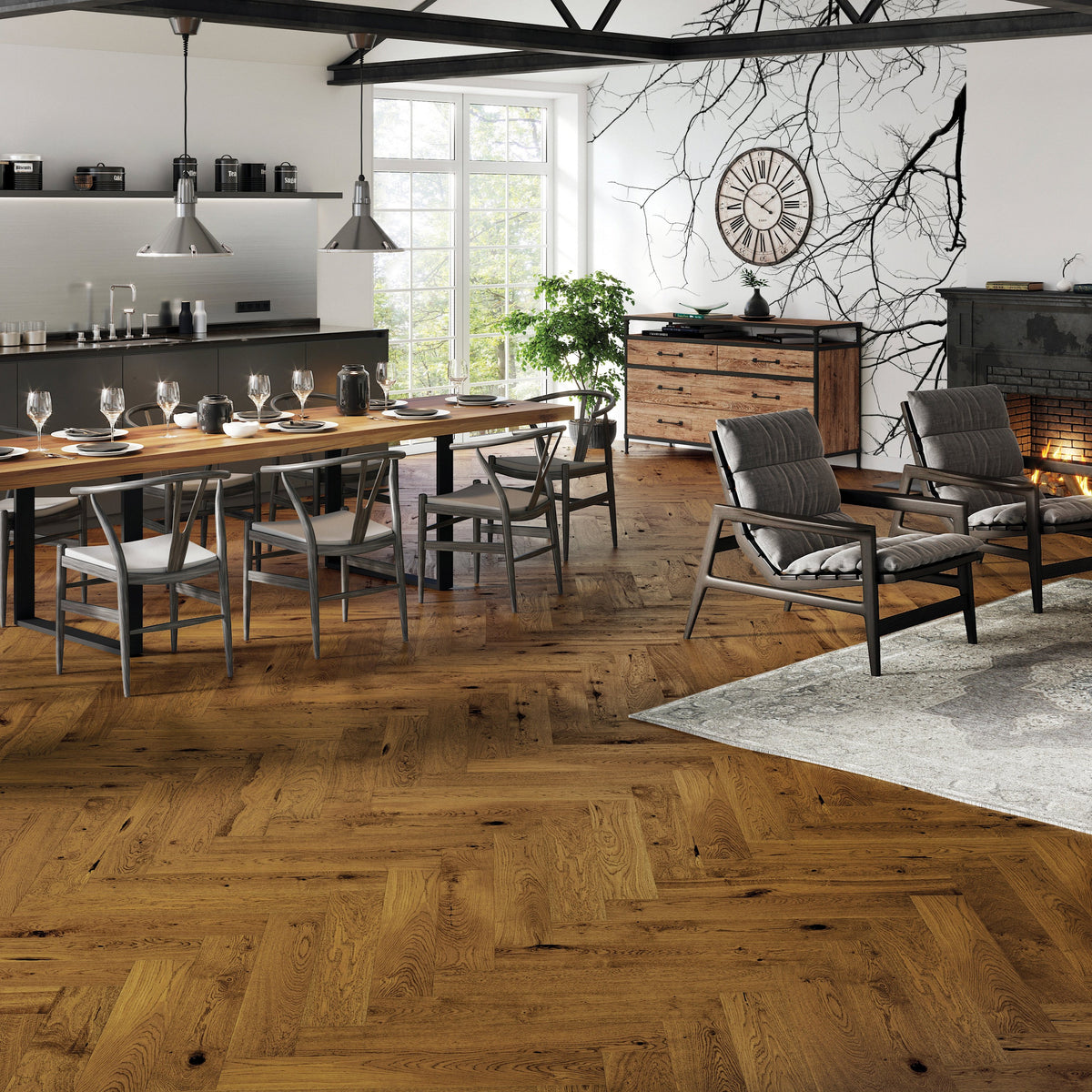 Brown wood flooring laid in herringbone pattern