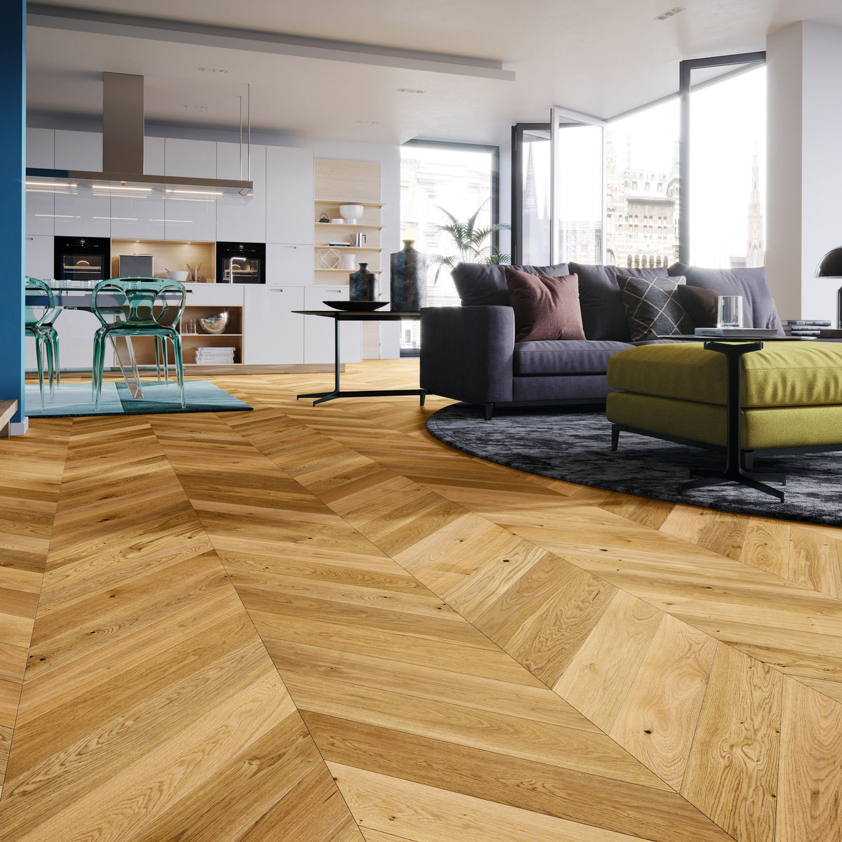 Natural wood flooring laid in chevron pattern