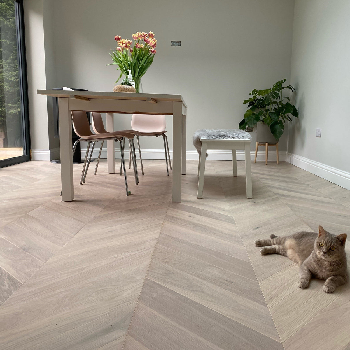 Luxury light wood flooring laid in chevron pattern