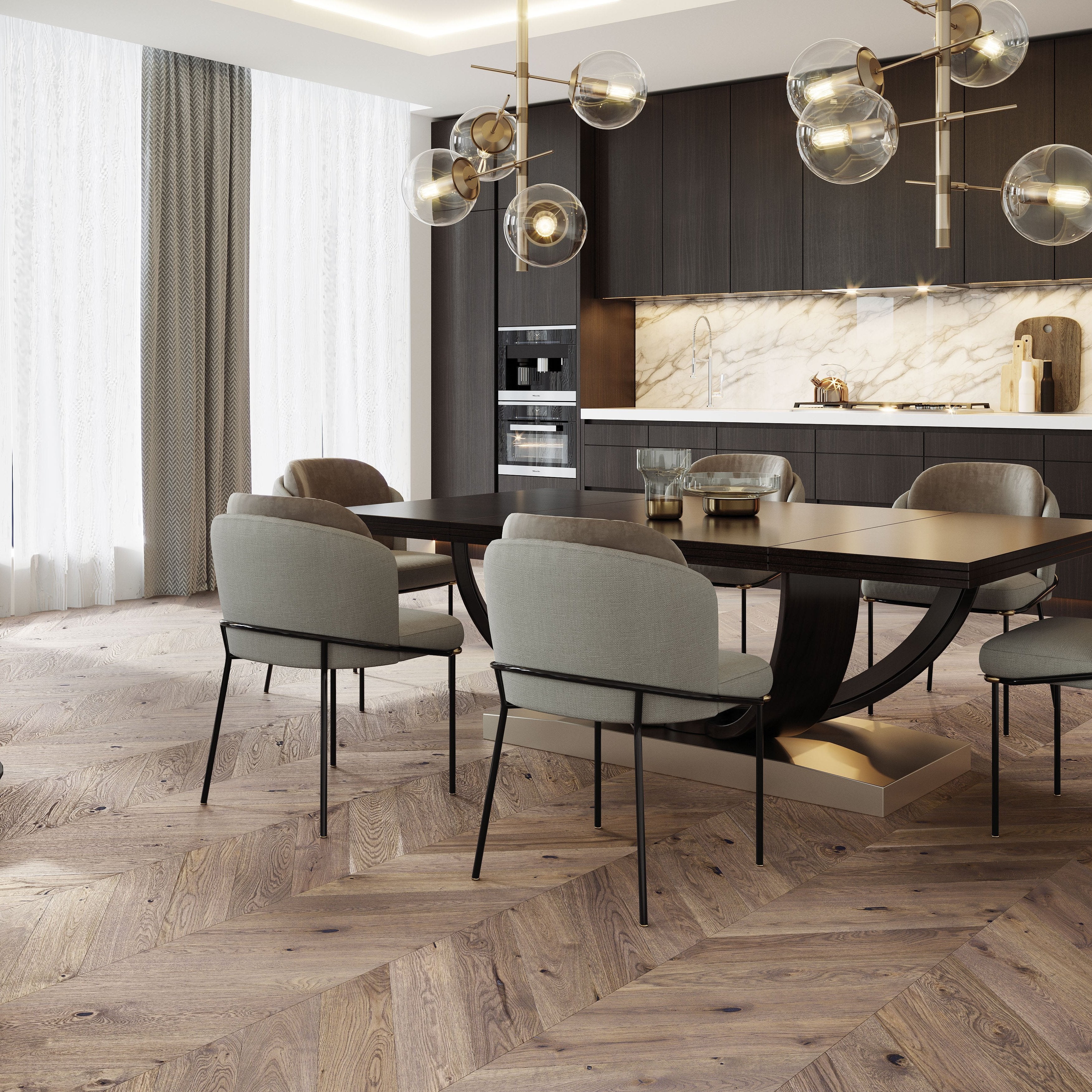 Luxury engineered wood flooring laid in chevron pattern